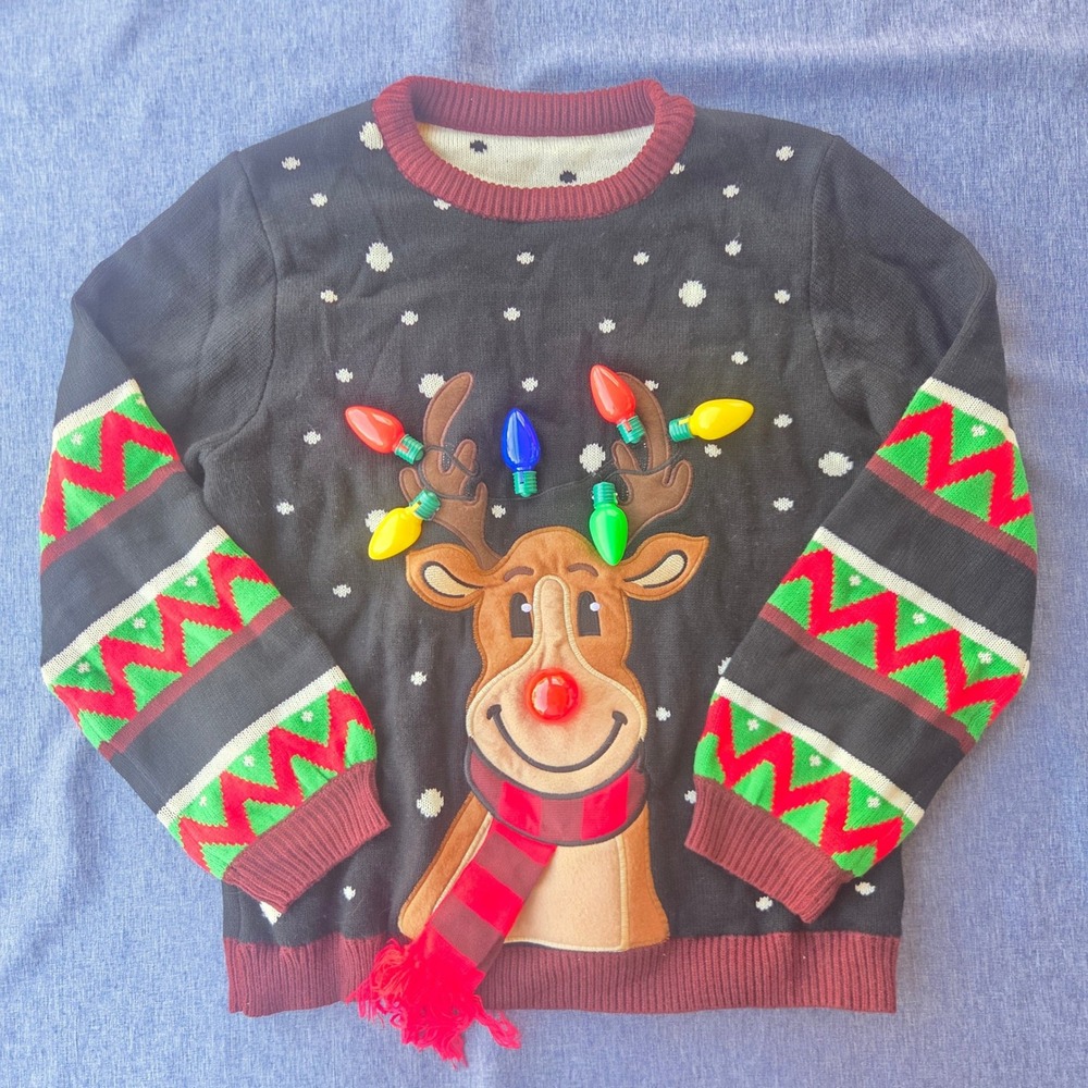 Ugly Sweater XL Black Green Red Holiday Christmas Reindeer LED Lights Men/Women